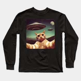 Funny Cat In Space Selfie With UFOs Behind Long Sleeve T-Shirt